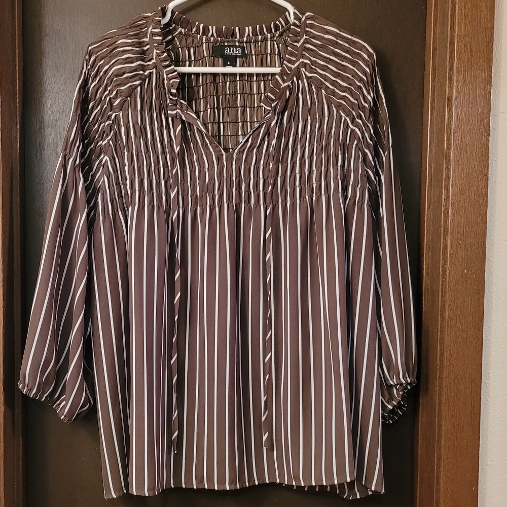 ANA Stripped White and Olive Blouse Large